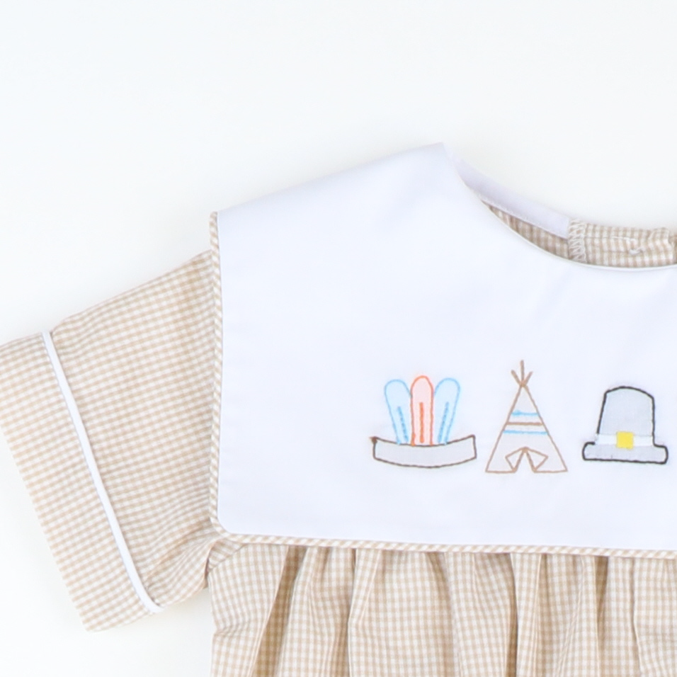 Shadow Stitch Thanksgiving Boy Long Bubble Khaki Mini Gingham
