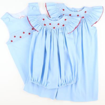 Smocked Tiny Apples Shortall - Blue Pique - Stellybelly