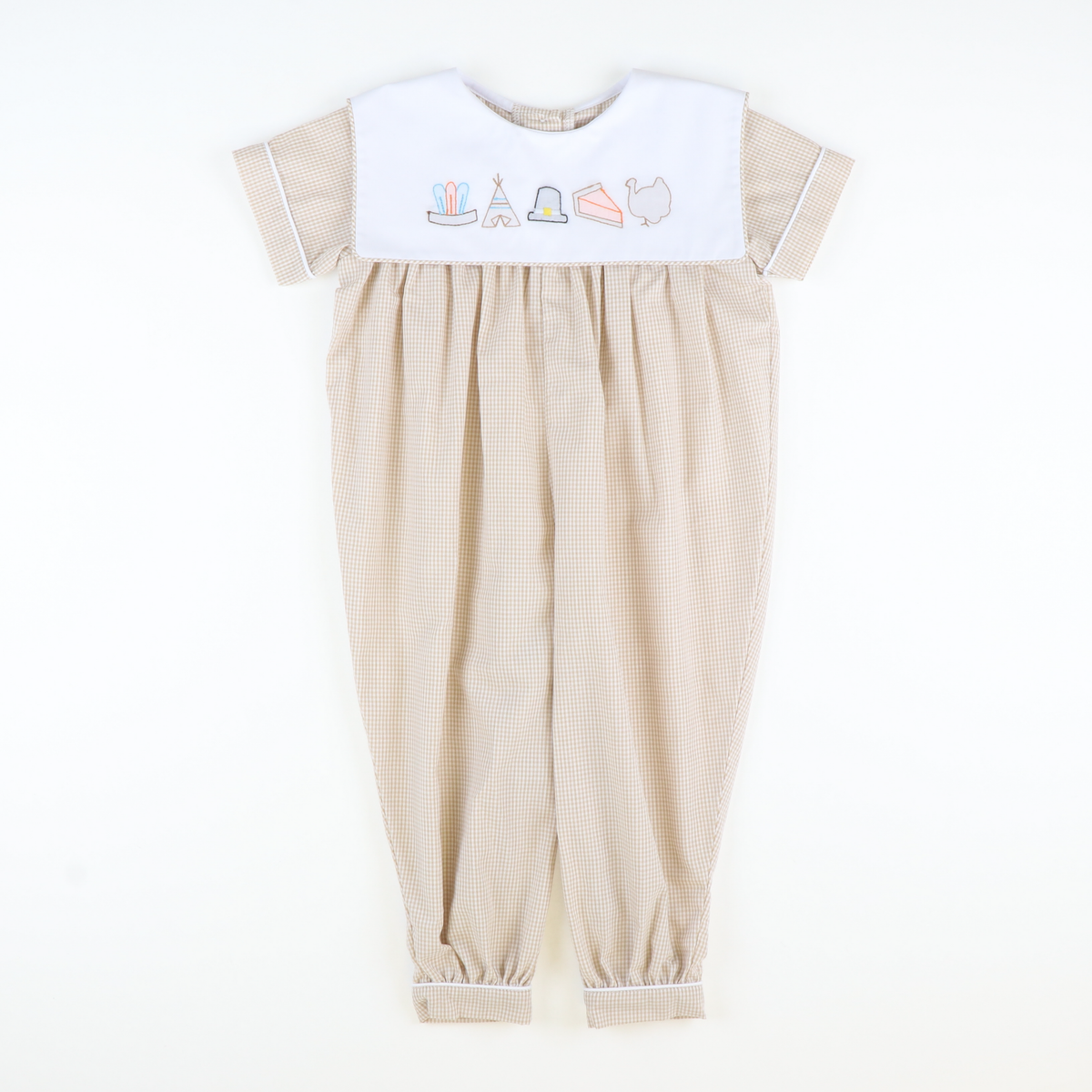 Shadow Stitch Thanksgiving Boy Long Bubble - Khaki Mini Gingham