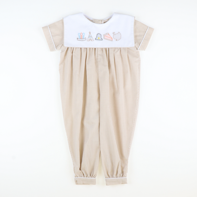 Shadow Stitch Thanksgiving Boy Long Bubble - Khaki Mini Gingham