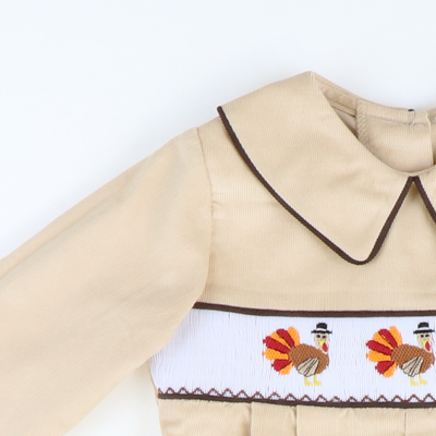 Smocked Thanksgiving Turkeys Collared Boy Long Bubble - Tan Corduroy