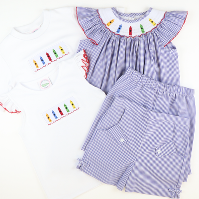 Smocked Crayons Short Sleeve White Knit Shirt - Stellybelly