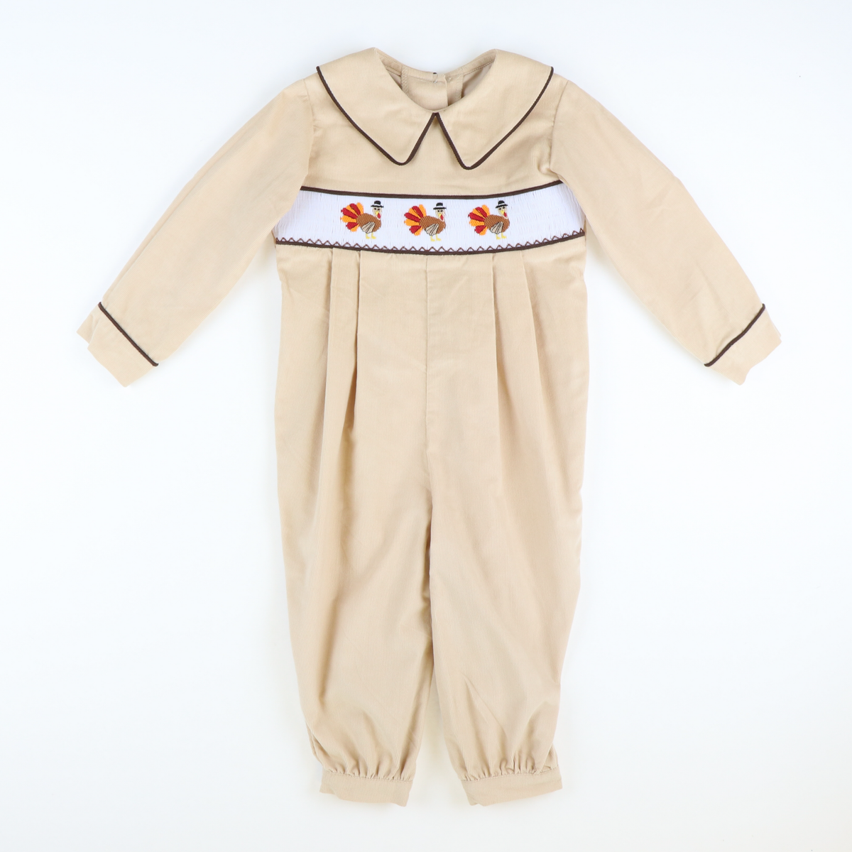 Smocked Thanksgiving Turkeys Collared Boy Long Bubble - Tan Corduroy