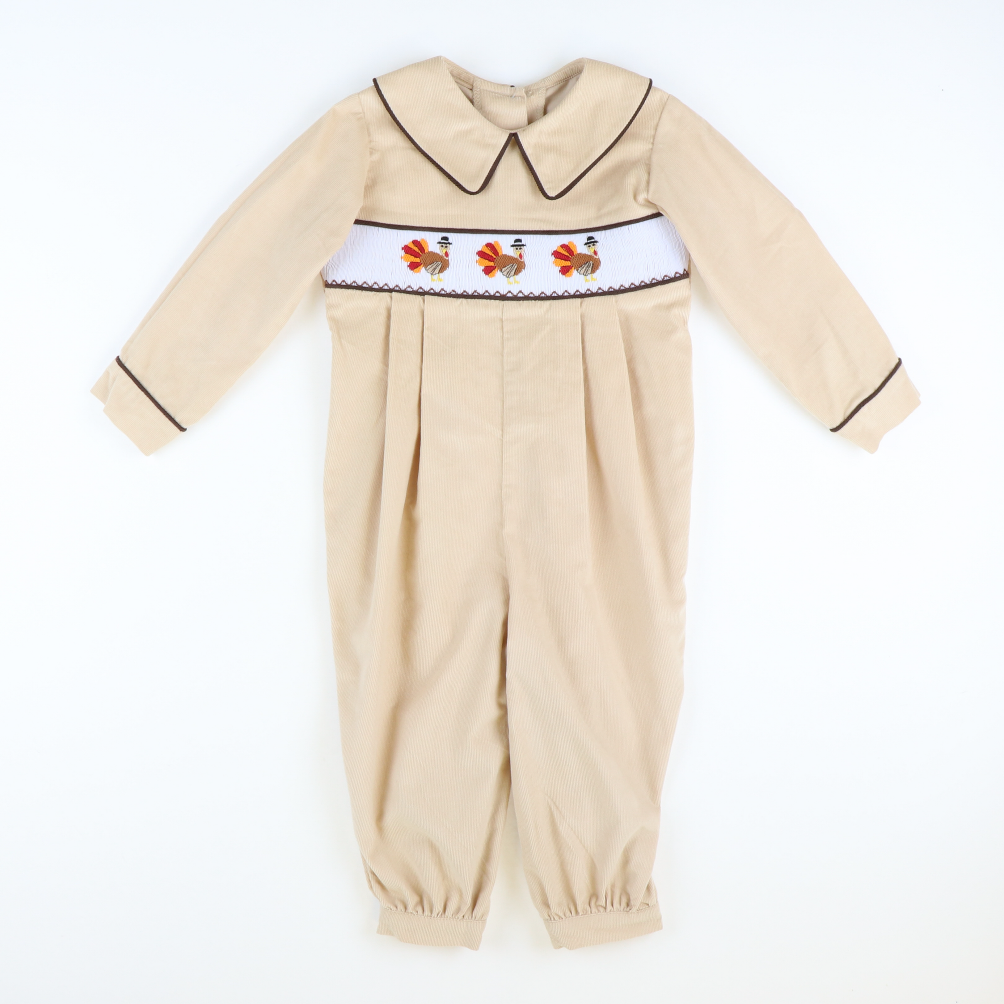 Smocked Thanksgiving Turkeys Collared Boy Long Bubble - Tan Corduroy
