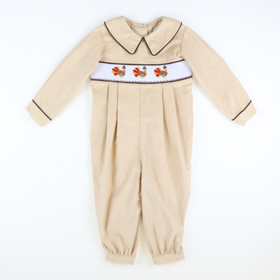 Smocked Thanksgiving Turkeys Collared Boy Long Bubble - Tan Corduroy