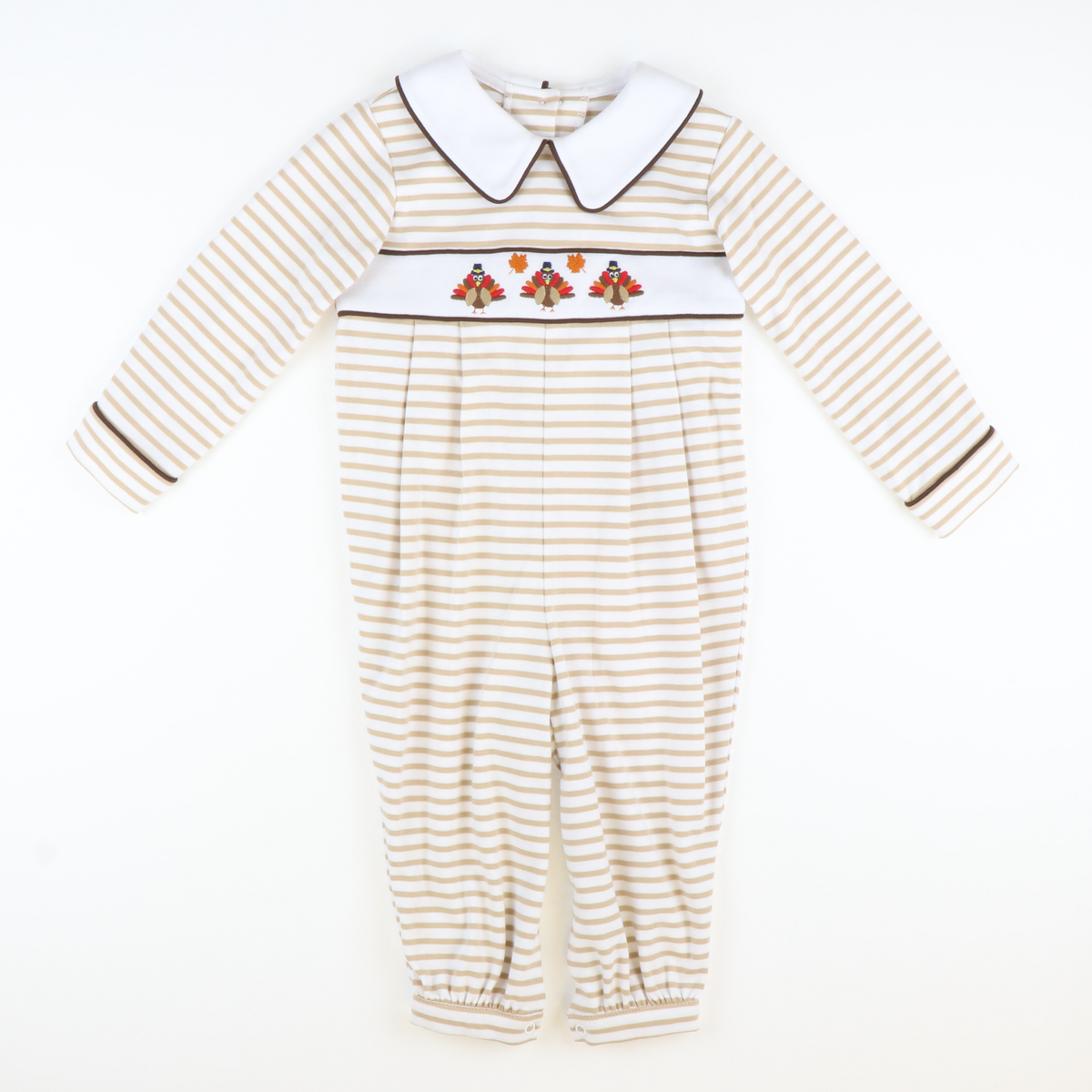 Embroidered Turkeys Collared Boy Long Bubble - Tan Stripe Knit