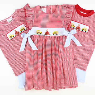 Smocked School House & Buses Knit Shirt & Shorts Set - Red Micro Stripe & Light Blue Knit - Stellybelly