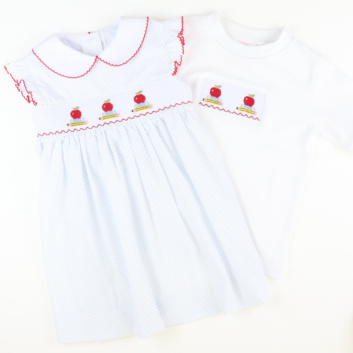 Smocked Apples & Books Collared Dress - White & Light Blue Tiny Dot - Stellybelly