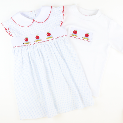 Smocked Apples & Books Short Sleeve White Knit Shirt - Stellybelly