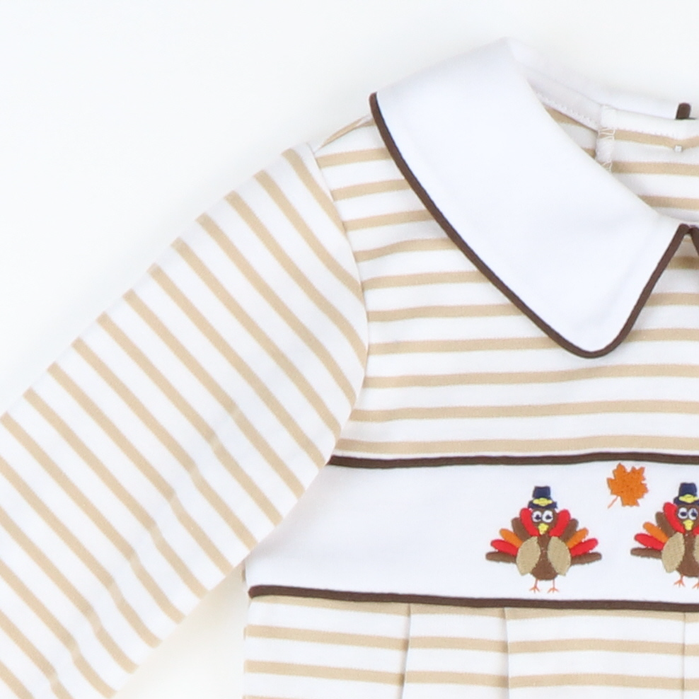 Embroidered Turkeys Collared Boy Long Bubble - Tan Stripe Knit