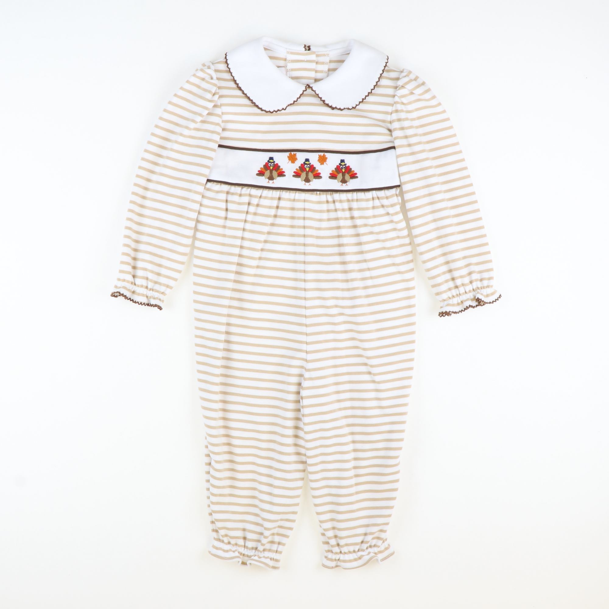 Embroidered Turkeys Collared Girl Long Bubble - Tan Stripe Knit