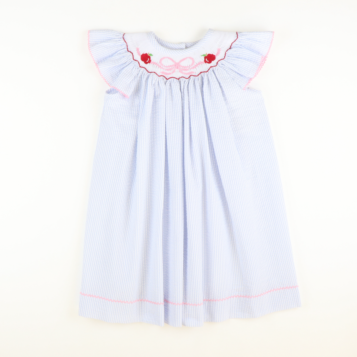 Smocked Apples & Bow Bishop - Light Blue Stripe Seersucker - Stellybelly