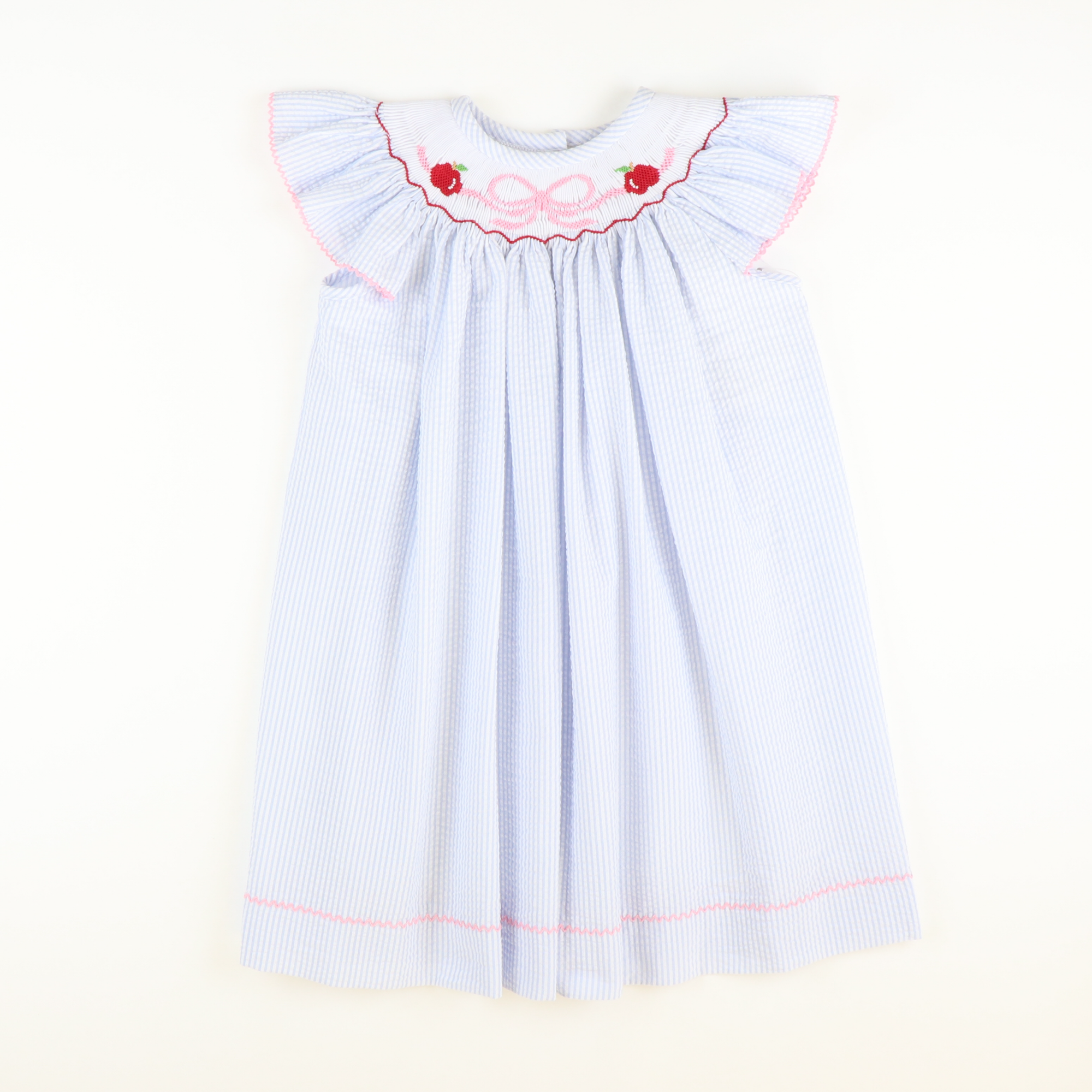 Smocked Apples & Bow Bishop - Light Blue Stripe Seersucker - Stellybelly