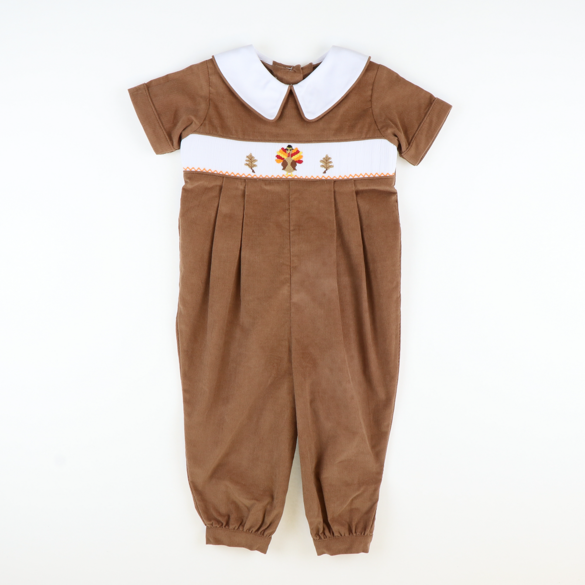 Smocked Autumn Turkeys Collared Boy Long Bubble - Cinnamon Corduroy