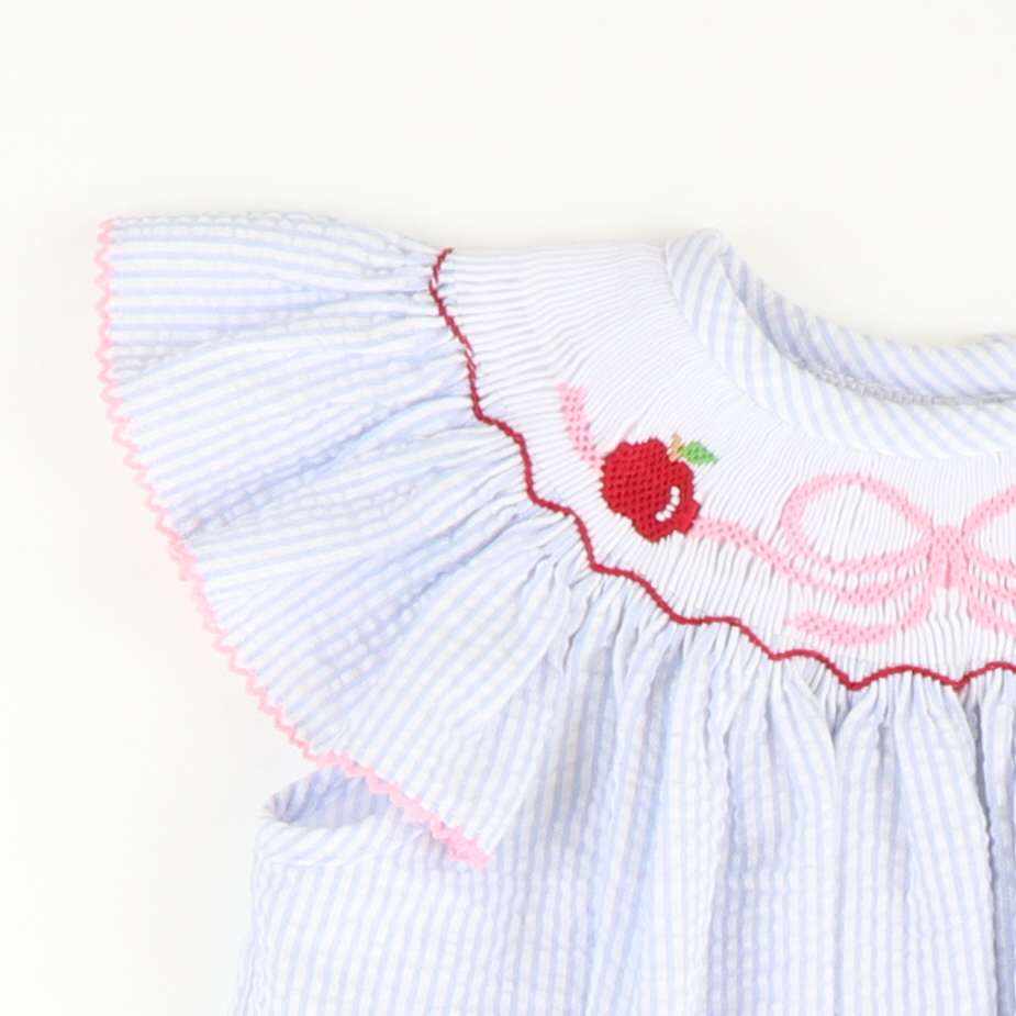 Smocked Apples & Bow Top & Bloomer Set - Light Blue Stripe Seersucker - Stellybelly