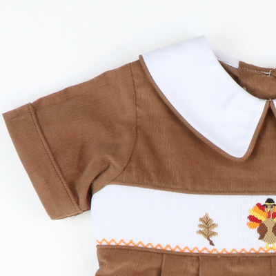 Smocked Autumn Turkeys Collared Boy Long Bubble - Cinnamon Corduroy