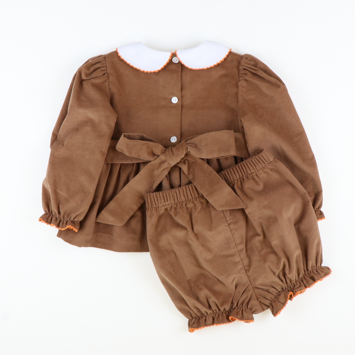 Smocked Autumn Turkeys Collared Top & Bloomer Set - Cinnamon Corduroy
