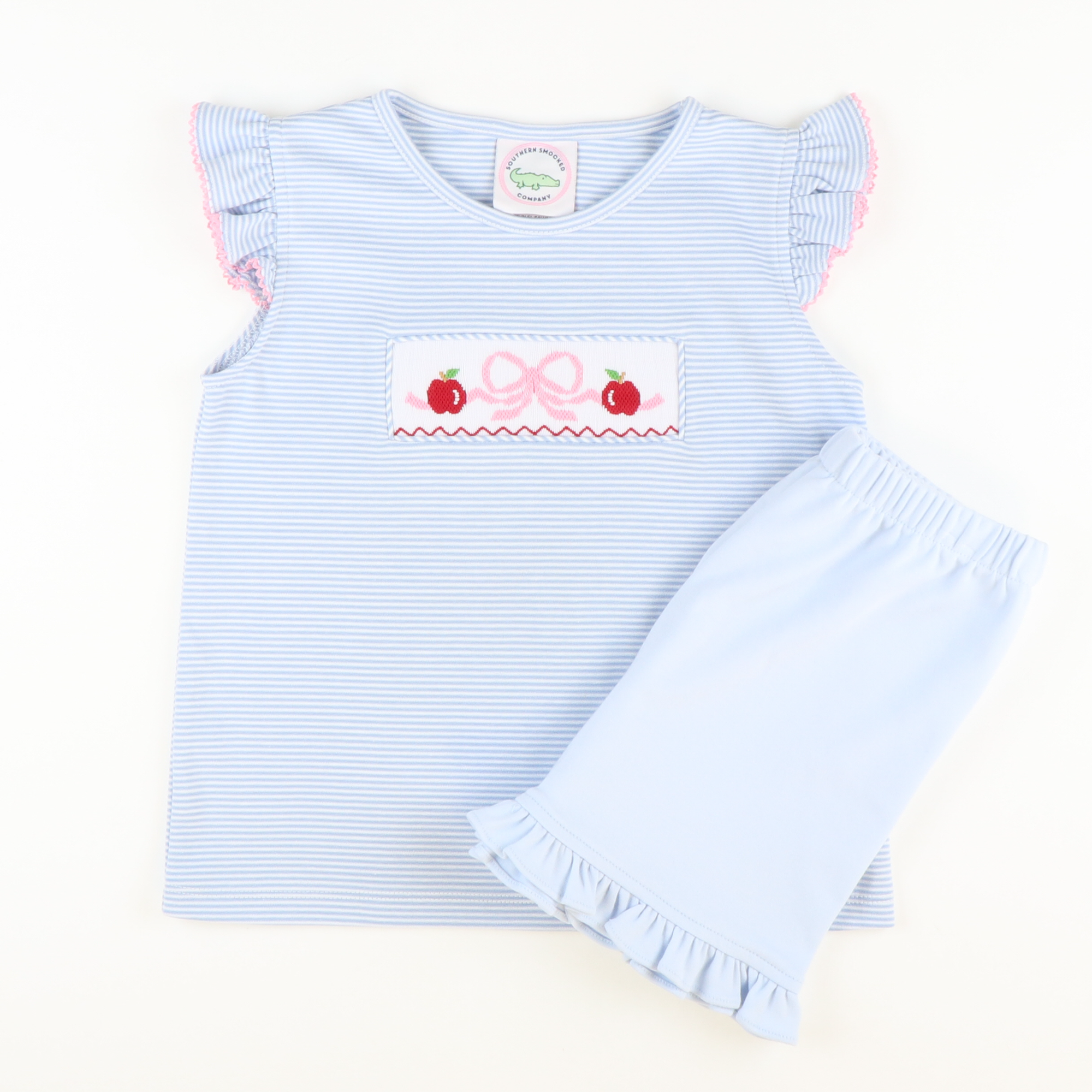 Smocked Apples & Bow Knit Top & Ruffle Shorts Set - Light Blue Stripe & Light Blue Knit - Stellybelly