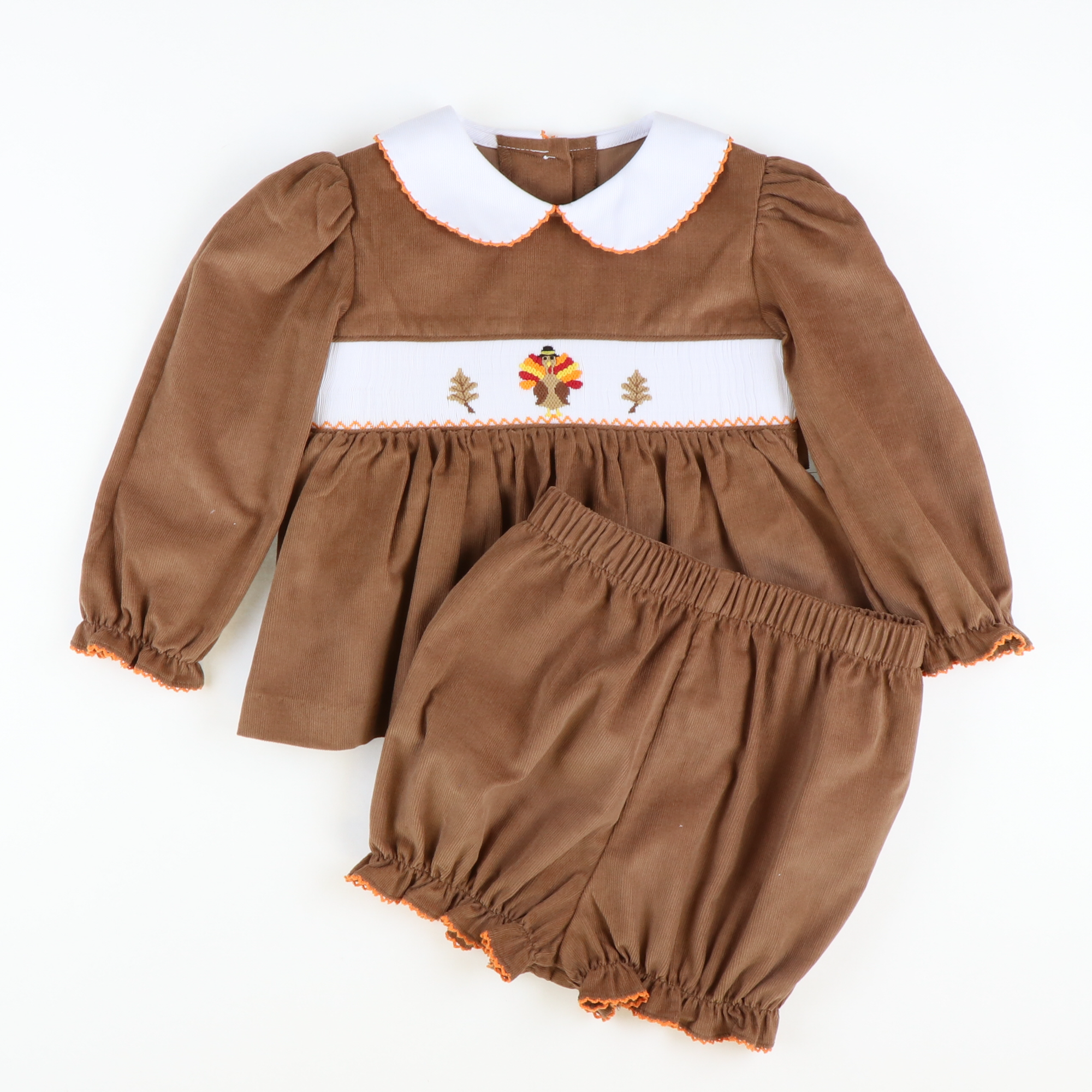 Smocked Autumn Turkeys Collared Top & Bloomer Set - Cinnamon Corduroy