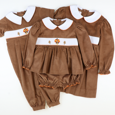 Smocked Autumn Turkeys Collared Boy Long Bubble - Cinnamon Corduroy
