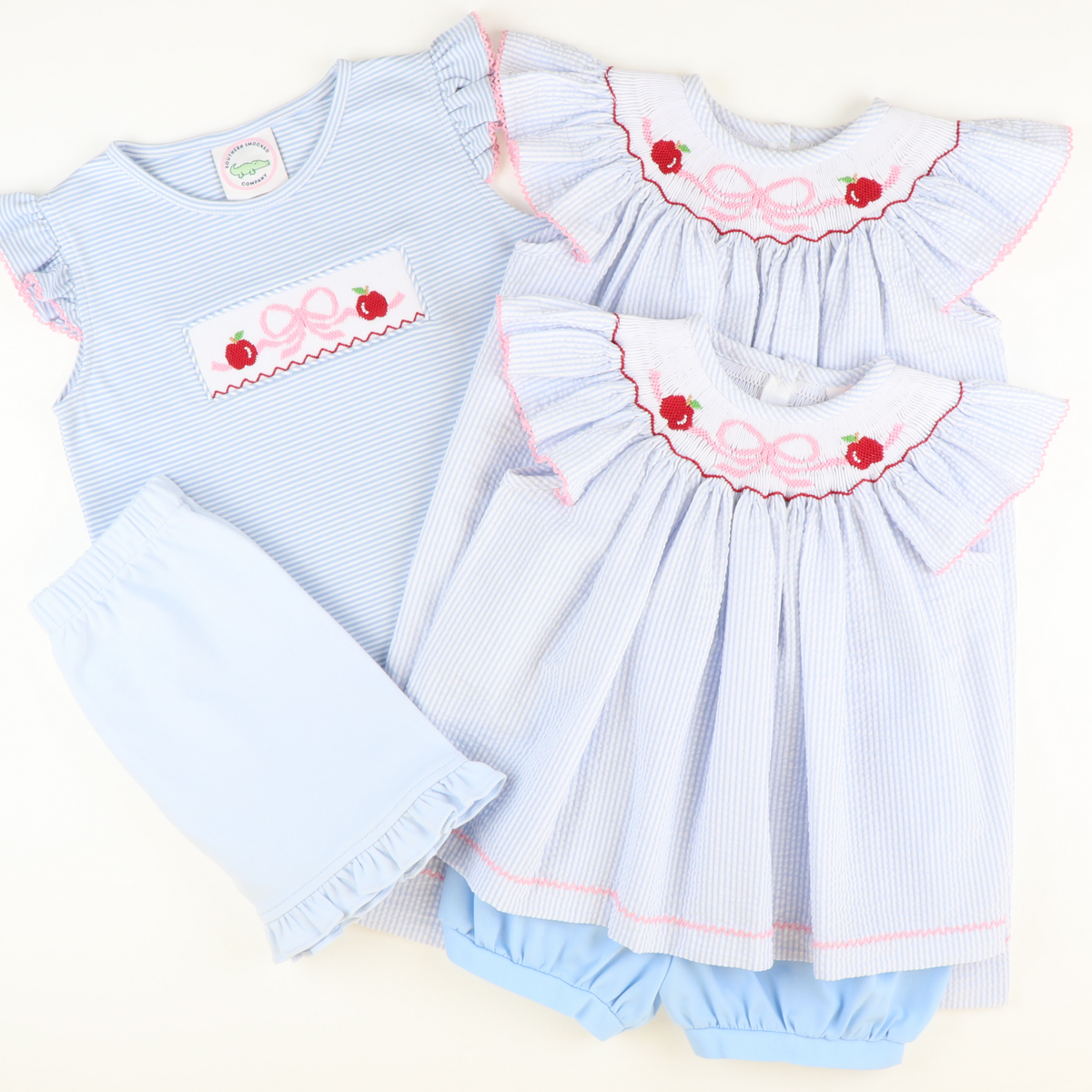 Smocked Apples & Bow Bishop - Light Blue Stripe Seersucker - Stellybelly
