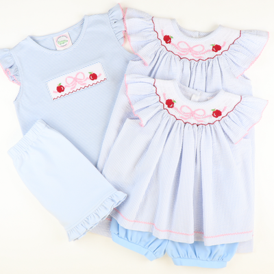 Smocked Apples & Bow Bishop - Light Blue Stripe Seersucker - Stellybelly