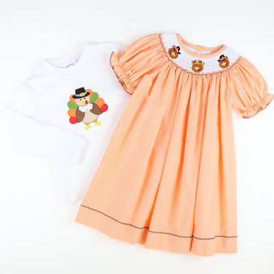 Smocked Pilgrim Turkeys Bishop - Orange Mini Gingham