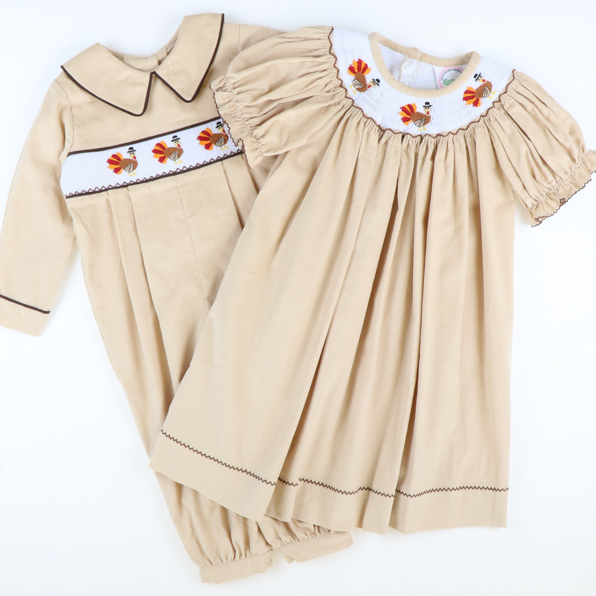 Smocked Thanksgiving Turkeys Bishop - Tan Corduroy