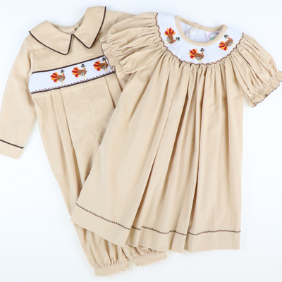 Smocked Thanksgiving Turkeys Bishop - Tan Corduroy