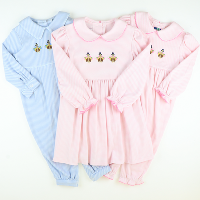 Embroidered Turkeys Collared Dress - Light Pink Stripe Knit