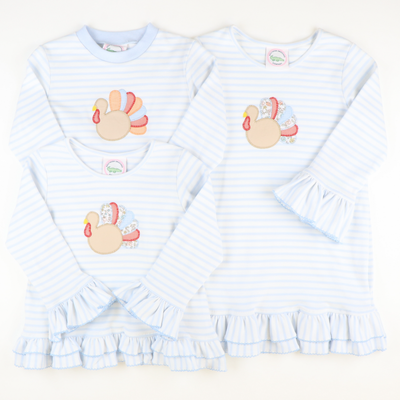 Appliquéd Turkey Long Sleeve Shirt - Light Blue Stripe Knit