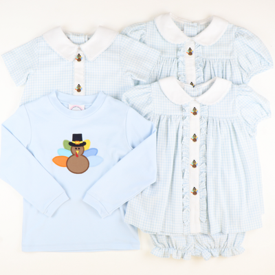Appliquéd Turkey Long Sleeve Shirt - Light Blue Knit