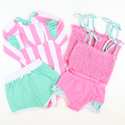 Preppy Pink & Green Smocked Two-Piece Swimsuit