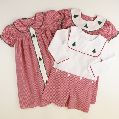 Embroidered Christmas Trees Short Set - Red Mini Gingham - Stellybelly