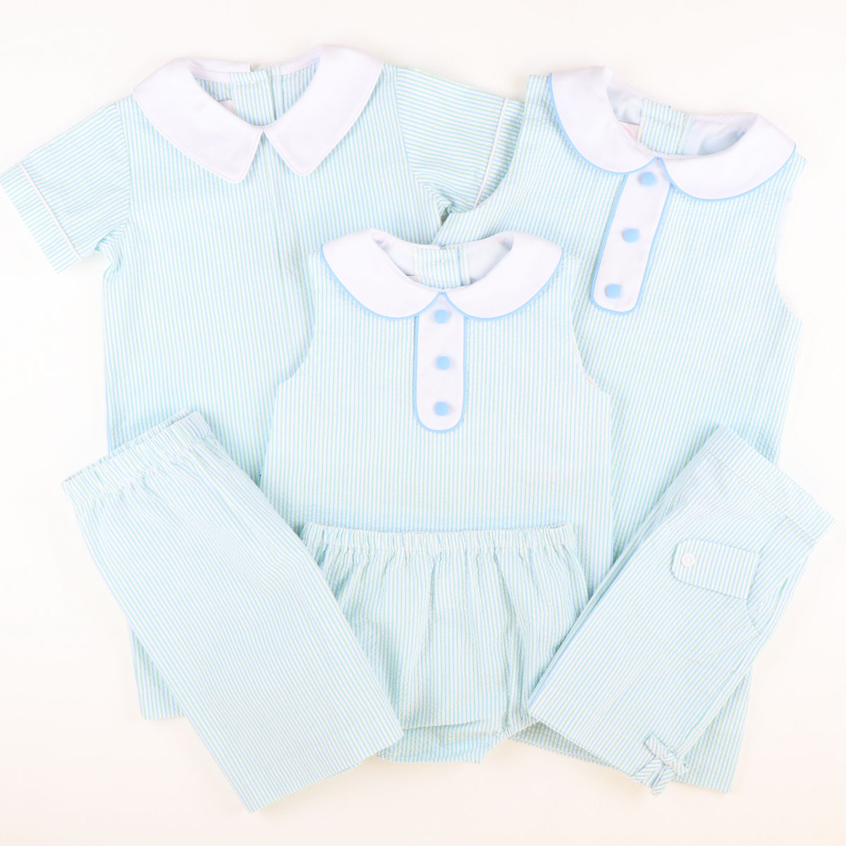 Collared Seersucker Sleeveless Top & Bloomer Set - Light Blue & Mint Stripe