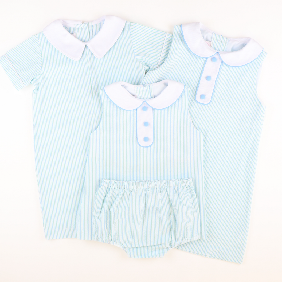 Collared Seersucker Sleeveless Top & Bloomer Set - Light Blue & Mint Stripe