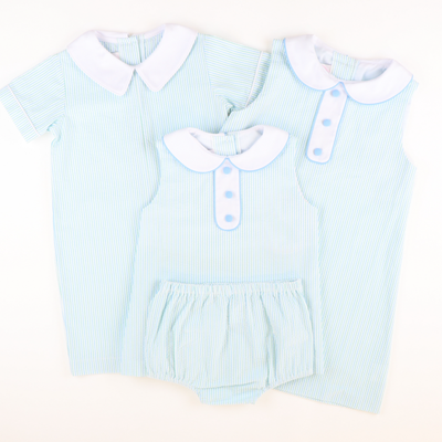 Collared Seersucker Sleeveless Top & Bloomer Set - Light Blue & Mint Stripe