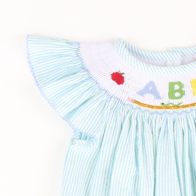 Smocked ABC & Apples Girl Bubble - Mint & Light Blue Stripe Seersucker - Stellybelly