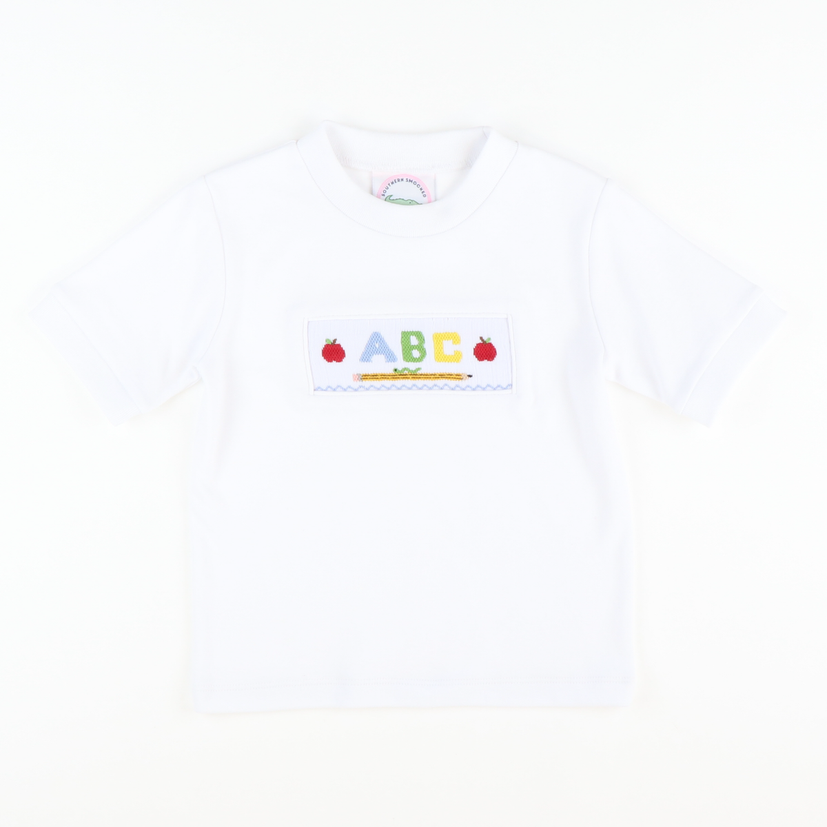 Smocked ABC & Apples Short Sleeve White Knit Shirt - Stellybelly