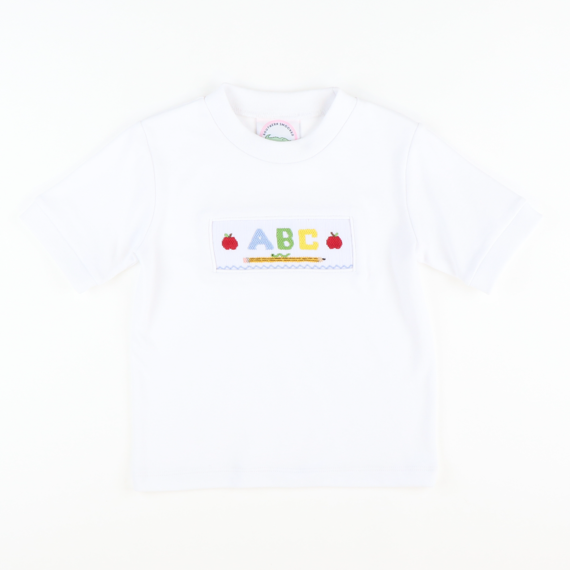 Smocked ABC & Apples Short Sleeve White Knit Shirt - Stellybelly