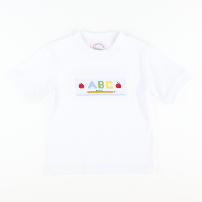 Smocked ABC & Apples Short Sleeve White Knit Shirt - Stellybelly