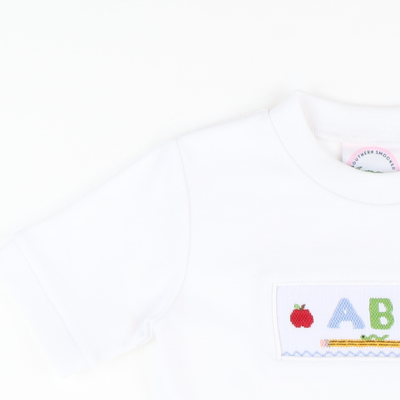 Smocked ABC & Apples Short Sleeve White Knit Shirt - Stellybelly
