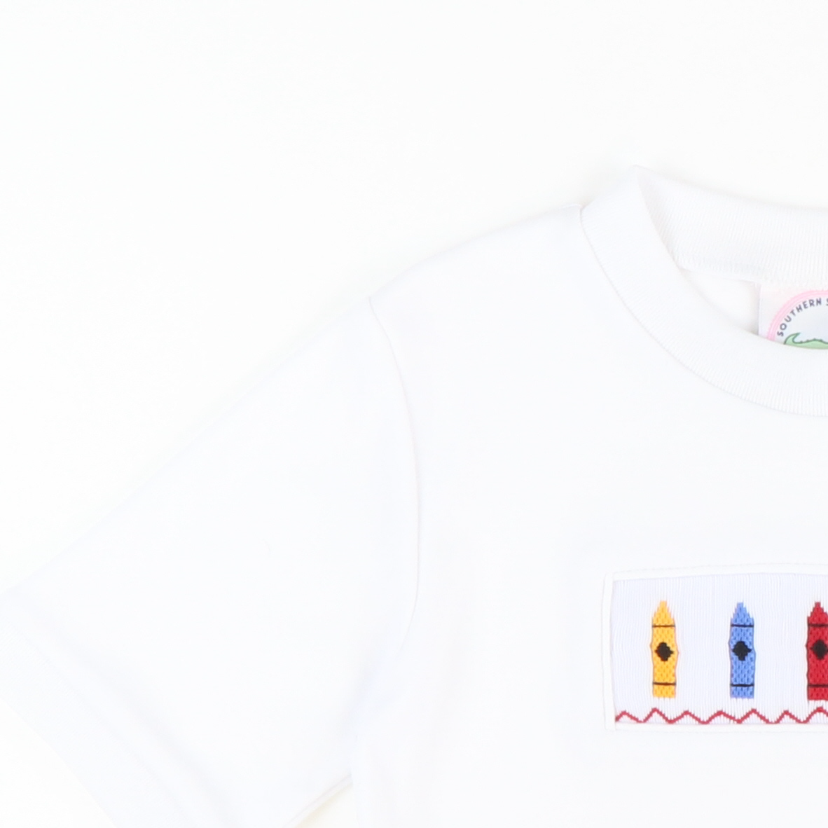 Smocked Crayons Short Sleeve White Knit Shirt - Stellybelly