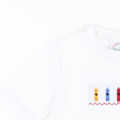 Smocked Crayons Short Sleeve White Knit Shirt - Stellybelly