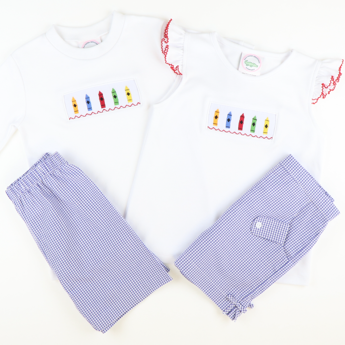 Smocked Crayons Short Sleeve White Knit Shirt - Stellybelly