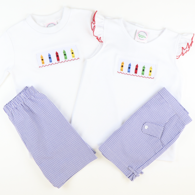 Smocked Crayons Short Sleeve White Knit Shirt - Stellybelly