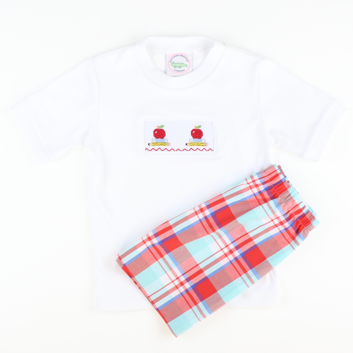 Smocked Apples & Books Short Sleeve White Knit Shirt - Stellybelly
