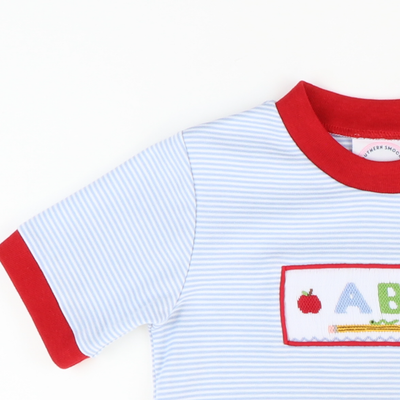 Smocked ABC & Apples Knit Shirt & Shorts Set - Light Blue Stripe & Red Knit - Stellybelly