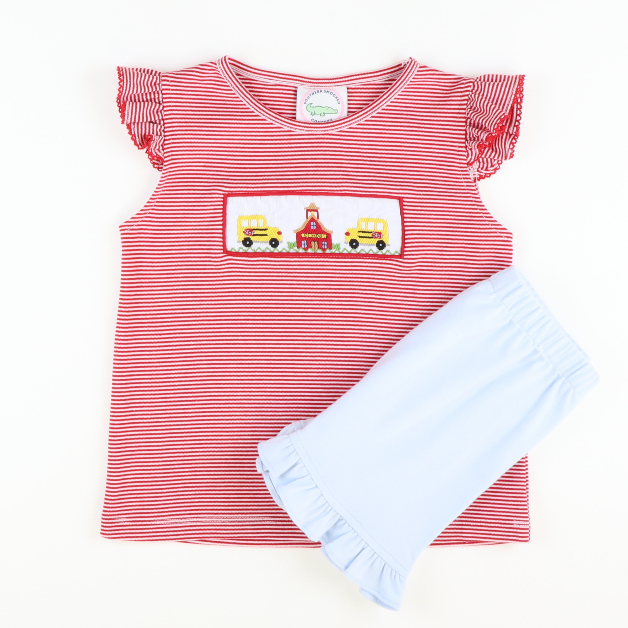 Smocked School House & Buses Knit Top & Ruffle Shorts Set - Red Micro Stripe & Light Blue Knit - Stellybelly
