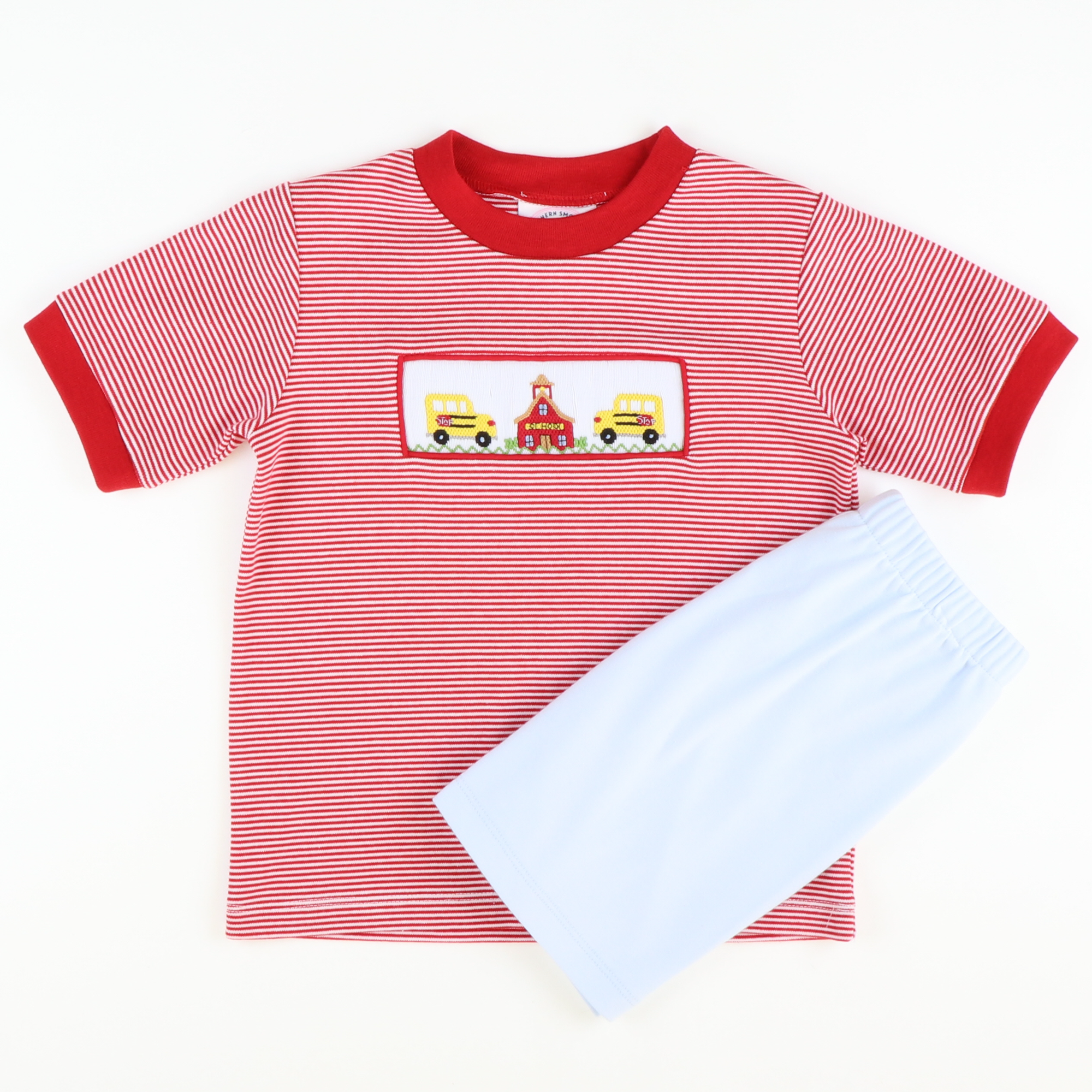 Smocked School House & Buses Knit Shirt & Shorts Set - Red Micro Stripe & Light Blue Knit - Stellybelly
